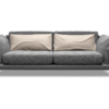 A modern gray two-seater sofa with two plush off-white cushions on a black background. The sofa features a unique, sculptural design with sleek armrests.