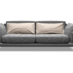 A modern gray two-seater sofa with two plush off-white cushions on a black background. The sofa features a unique, sculptural design with sleek armrests.