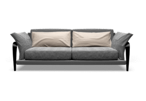 A modern gray two-seater sofa with two plush off-white cushions on a black background. The sofa features a unique, sculptural design with sleek armrests.