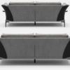 A pair of identical gray two-seater sofas are shown from the back. Each sofa has a two-toned design with gray fabric and black textured armrests, all supported by thin metal legs.