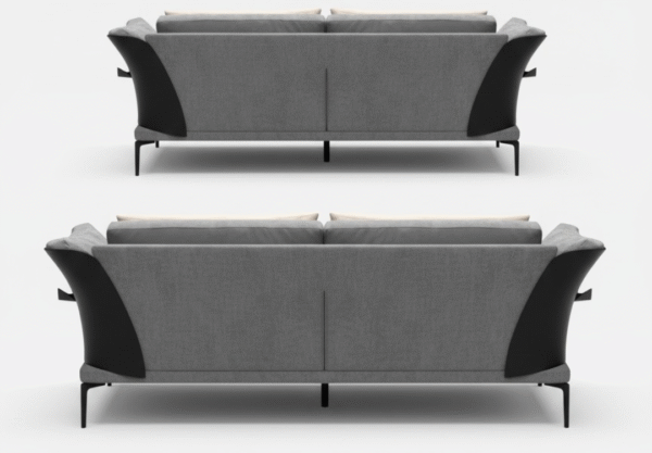 A pair of identical gray two-seater sofas are shown from the back. Each sofa has a two-toned design with gray fabric and black textured armrests, all supported by thin metal legs.